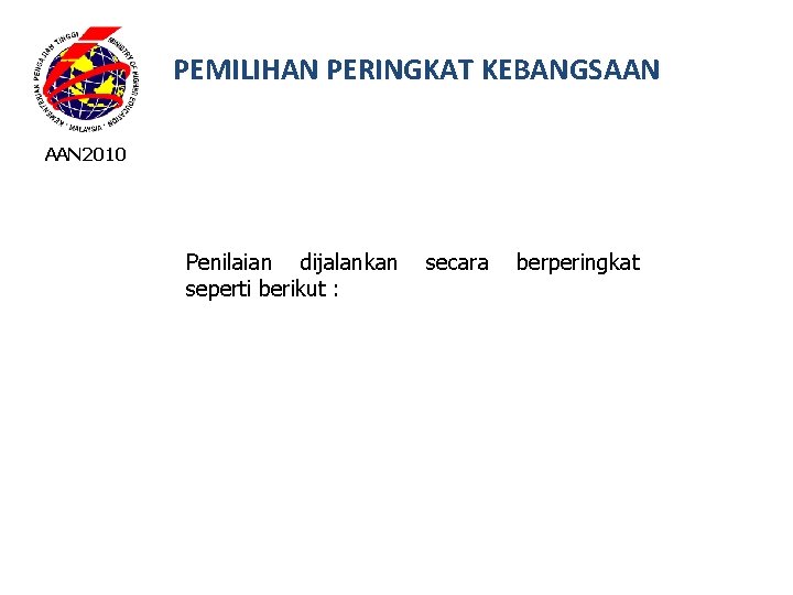 PEMILIHAN PERINGKAT KEBANGSAAN 2010 Penilaian dijalankan secara berperingkat seperti berikut : 