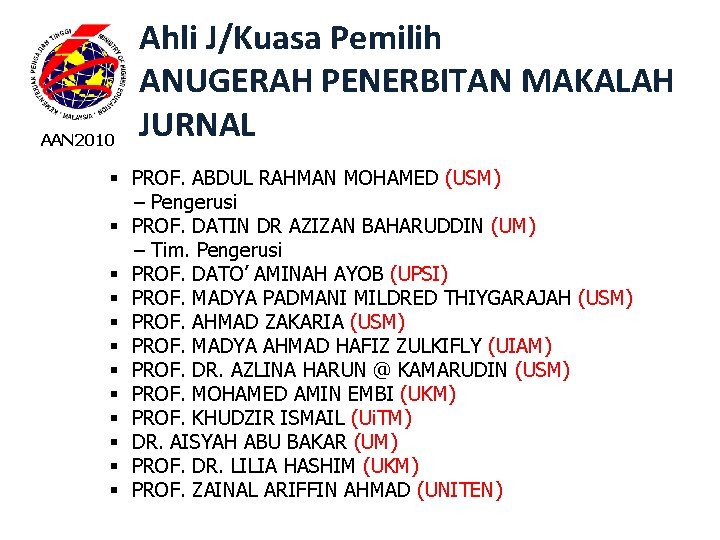 AAN 2010 Ahli J/Kuasa Pemilih ANUGERAH PENERBITAN MAKALAH JURNAL § PROF. ABDUL RAHMAN MOHAMED