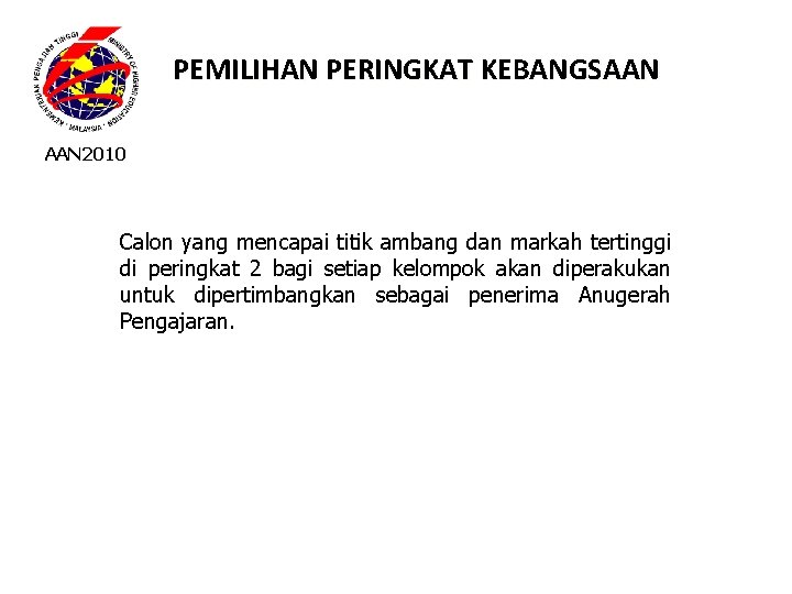 PEMILIHAN PERINGKAT KEBANGSAAN 2010 Calon yang mencapai titik ambang dan markah tertinggi di peringkat