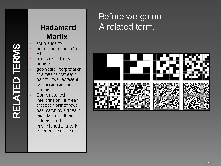 RELATED TERMS • • • Hadamard Martix Before we go on… A related term.