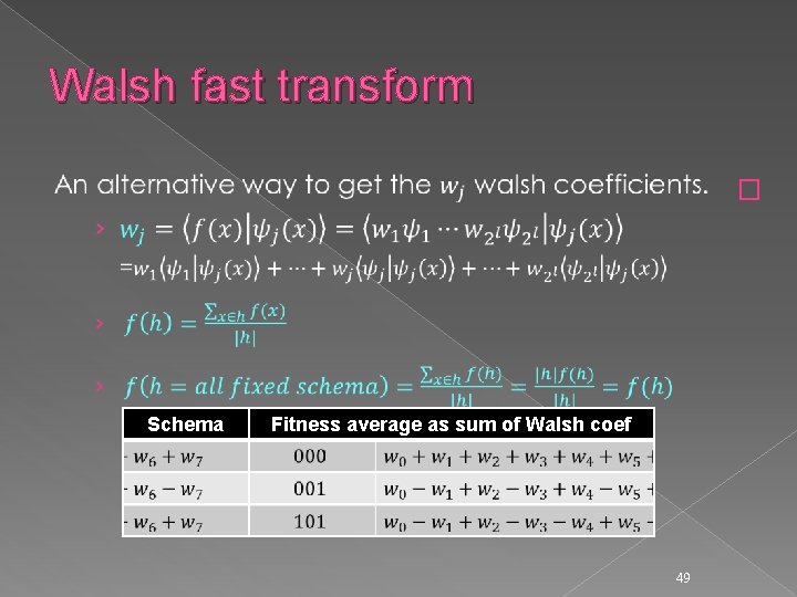 Walsh fast transform � Schema Fitness average as sum of Walsh coef 49 