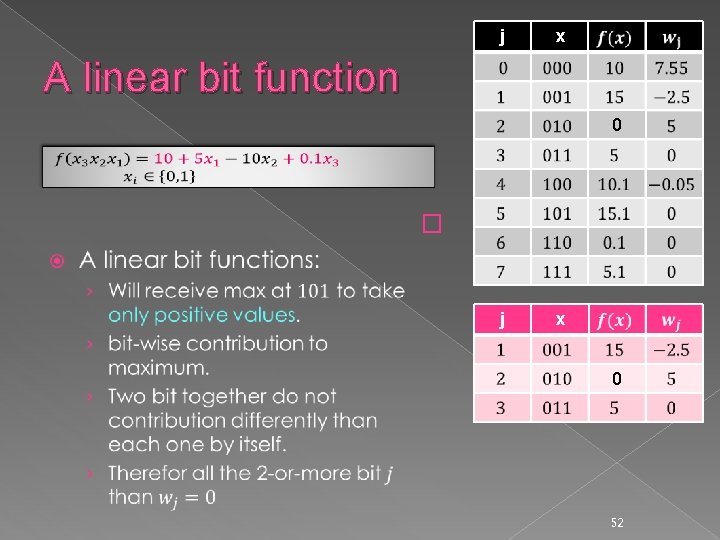 j x A linear bit function 0 � j x 0 52 