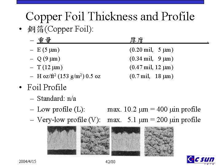 Copper Foil Thickness and Profile • 銅箔(Copper Foil): – 重量 厚度 . – –