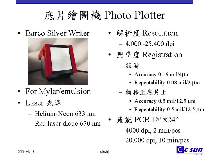 底片繪圖機 Photo Plotter • 解析度 Resolution • Barco Silver Writer – 4, 000~25, 400