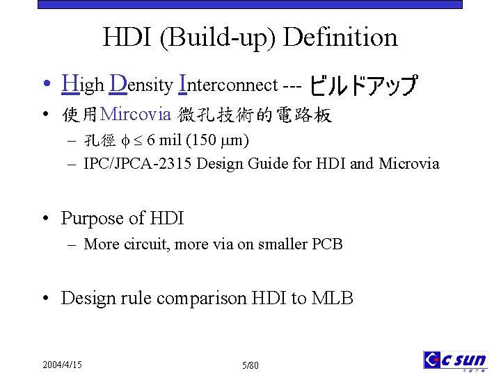 HDI (Build-up) Definition • High Density Interconnect --- • 使用Mircovia 微孔技術的電路板 – 孔徑 6