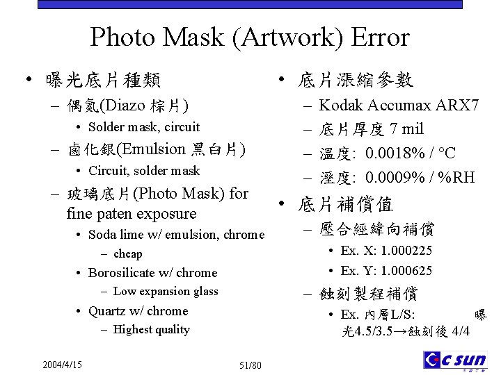 Photo Mask (Artwork) Error • 曝光底片種類 • 底片漲縮參數 – 偶氮(Diazo 棕片) • Solder mask,