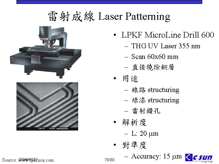 雷射成線 Laser Patterning • LPKF Micro. Line Drill 600 – THG UV Laser 355