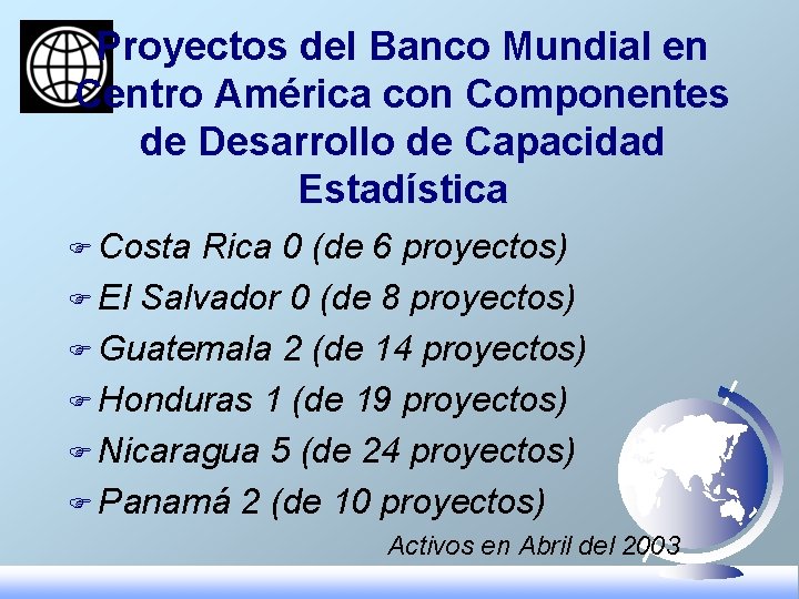 Proyectos del Banco Mundial en Centro América con Componentes de Desarrollo de Capacidad Estadística Proyectos del Banco Mundial en Centro América con Componentes de Desarrollo de Capacidad Estadística