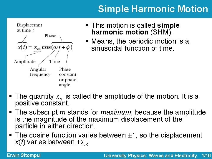 Simple Harmonic Motion § This motion is called simple harmonic motion (SHM). § Means,