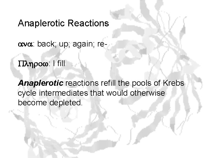 Anaplerotic Reactions ana: back; up; again; re. Plhrow: I fill Anaplerotic reactions refill the