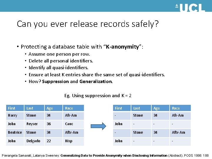 Can you ever release records safely? • Protecting a database table with “K-anonymity”: •