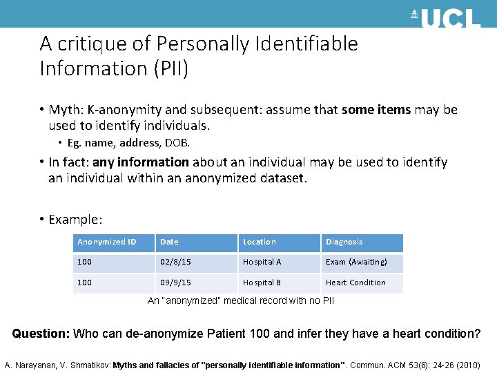 A critique of Personally Identifiable Information (PII) • Myth: K-anonymity and subsequent: assume that