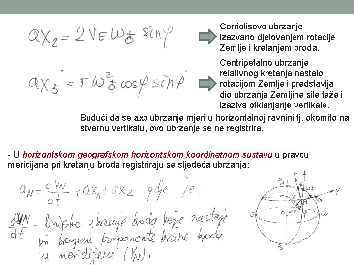 Corriolisovo ubrzanje izazvano djelovanjem rotacije Zemlje i kretanjem broda. Centripetalno ubrzanje relativnog kretanja nastalo