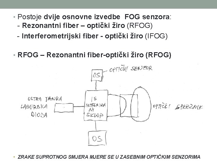 • Postoje dvije osnovne izvedbe FOG senzora: - Rezonantni fiber – optički žiro • Postoje dvije osnovne izvedbe FOG senzora: - Rezonantni fiber – optički žiro