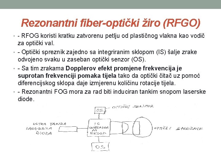 Rezonantni fiber-optički žiro (RFGO) RFOG koristi kratku zatvorenu petlju od plastičnog vlakna kao vodič Rezonantni fiber-optički žiro (RFGO) RFOG koristi kratku zatvorenu petlju od plastičnog vlakna kao vodič