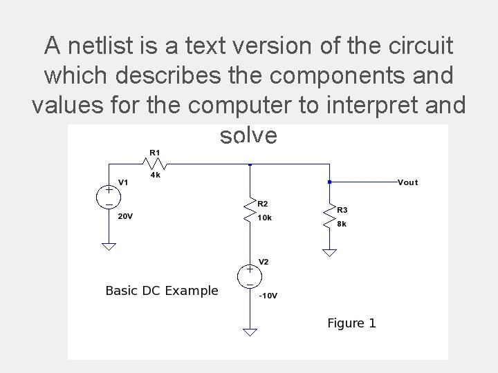 A netlist is a text version of the circuit which describes the components and