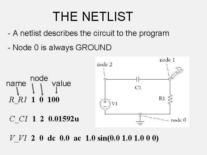 THE NETLIST - A netlist describes the circuit to the program - Node 0
