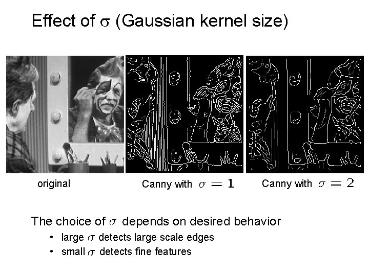 Effect of (Gaussian kernel size) original Canny with The choice of • large •