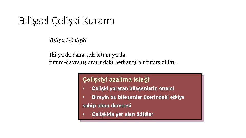 Bilişsel Çelişki Kuramı Bilişsel Çelişki İki ya da daha çok tutum ya da tutum-davranış Bilişsel Çelişki Kuramı Bilişsel Çelişki İki ya da daha çok tutum ya da tutum-davranış