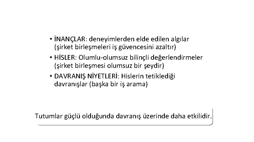  • İNANÇLAR: deneyimlerden elde edilen algılar (şirket birleşmeleri iş güvencesini azaltır) • HİSLER: