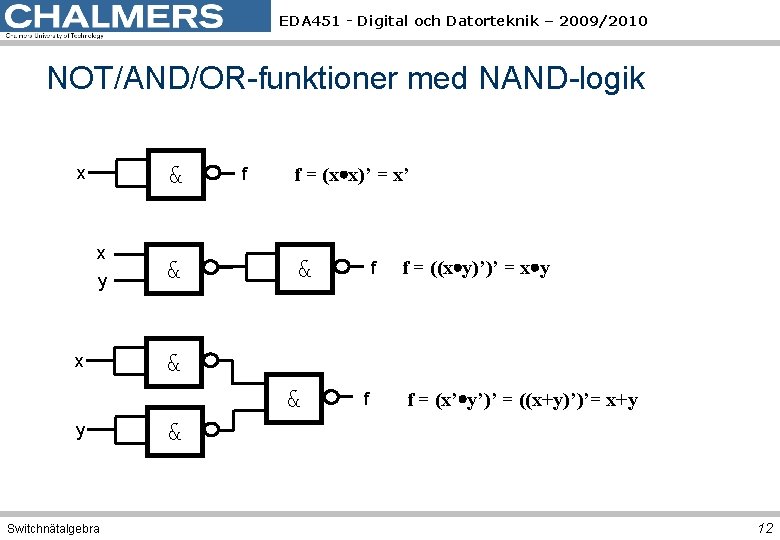 EDA 451 - Digital och Datorteknik – 2009/2010 NOT/AND/OR-funktioner med NAND-logik & x x