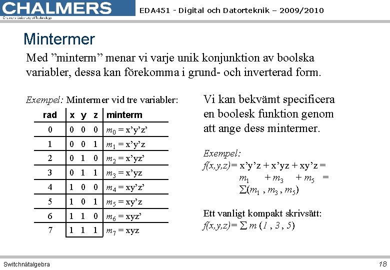 EDA 451 - Digital och Datorteknik – 2009/2010 Mintermer Med ”minterm” menar vi varje