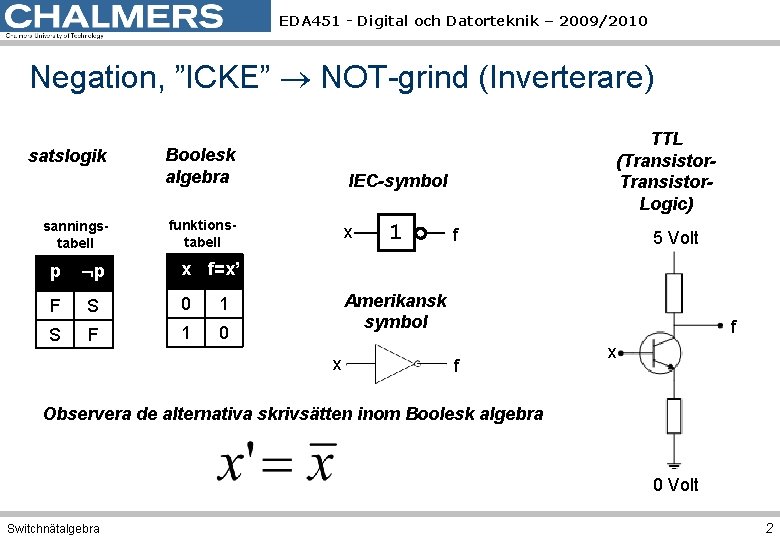 EDA 451 - Digital och Datorteknik – 2009/2010 Negation, ”ICKE” NOT-grind (Inverterare) satslogik Boolesk