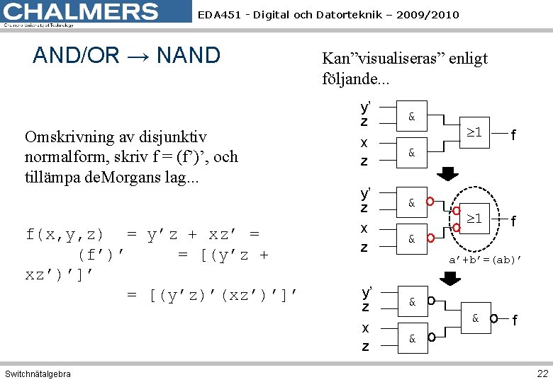 EDA 451 - Digital och Datorteknik – 2009/2010 AND/OR → NAND Omskrivning av disjunktiv