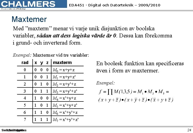 EDA 451 - Digital och Datorteknik – 2009/2010 Maxtemer Med ”maxterm” menar vi varje