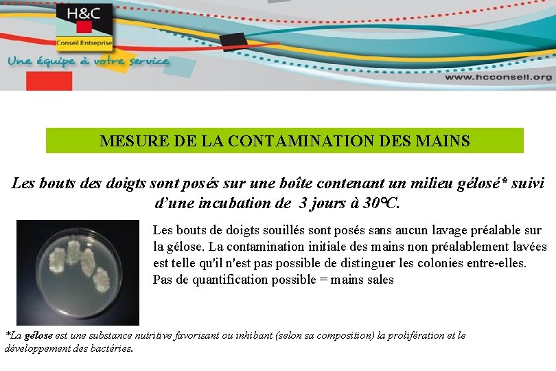 MESURE DE LA CONTAMINATION DES MAINS Les bouts des doigts sont posés sur une