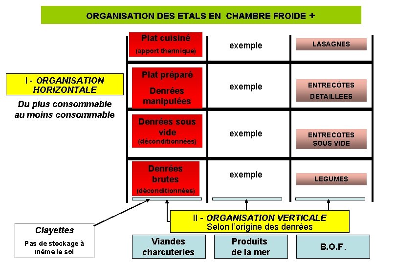 ORGANISATION DES ETALS EN CHAMBRE FROIDE + Plat cuisiné (apport thermique) I - ORGANISATION