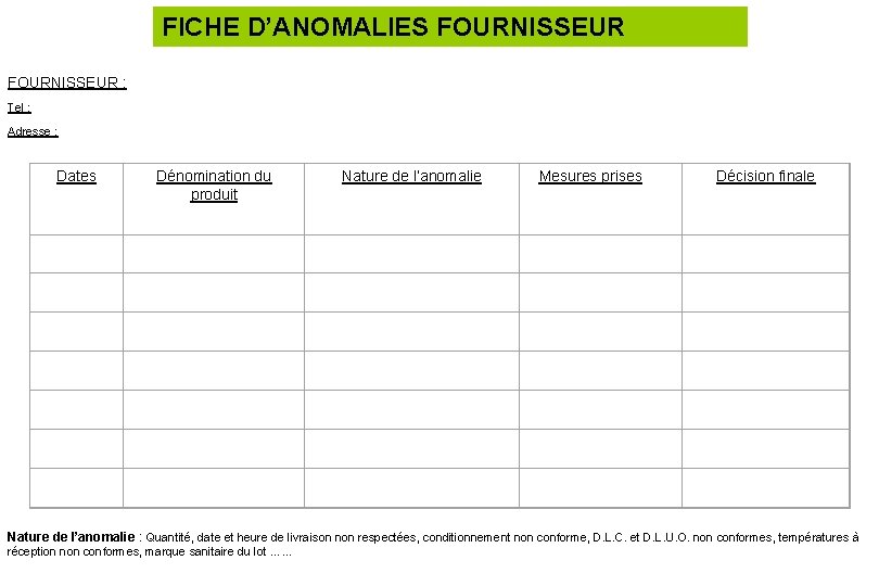 FICHE D’ANOMALIES FOURNISSEUR : Tel : Adresse : Dates Dénomination du produit Nature de