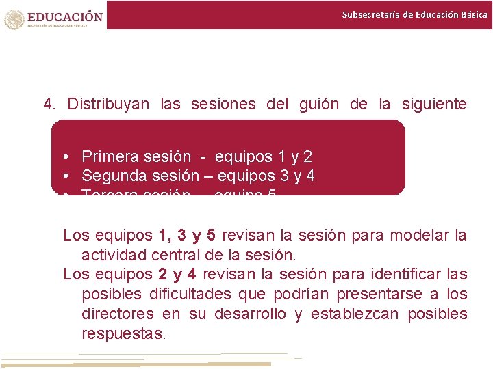 Subsecretaría de Educación Básica 4. Distribuyan las sesiones del guión de la siguiente manera: Subsecretaría de Educación Básica 4. Distribuyan las sesiones del guión de la siguiente manera: