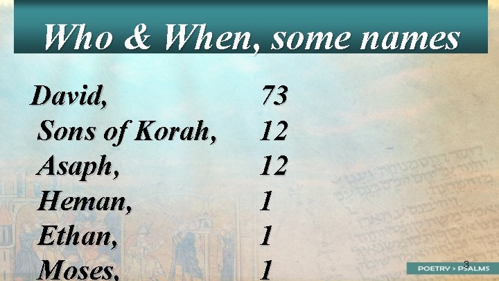 Who & When, some names David, Sons of Korah, Asaph, Heman, Ethan, Moses, 73