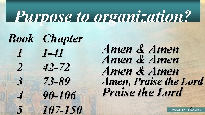 Purpose to organization? Book 1 2 3 4 5 Chapter 1 -41 42 -72