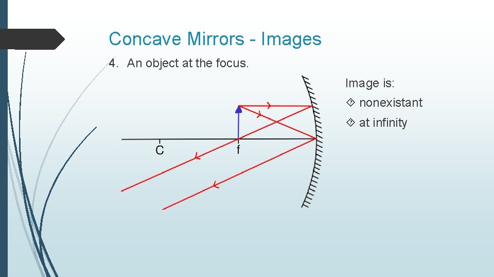 Concave Mirrors - Images 4. An object at the focus. Image is: nonexistant at