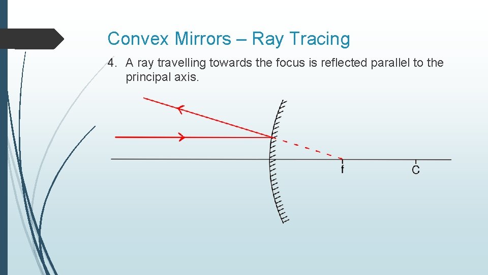 Convex Mirrors – Ray Tracing 4. A ray travelling towards the focus is reflected