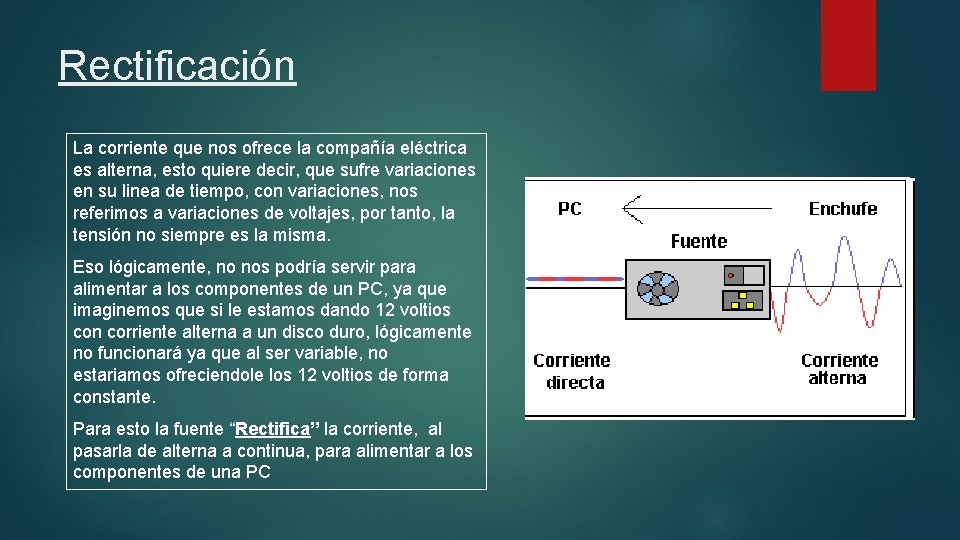 Rectificación La corriente que nos ofrece la compañía eléctrica es alterna, esto quiere decir,