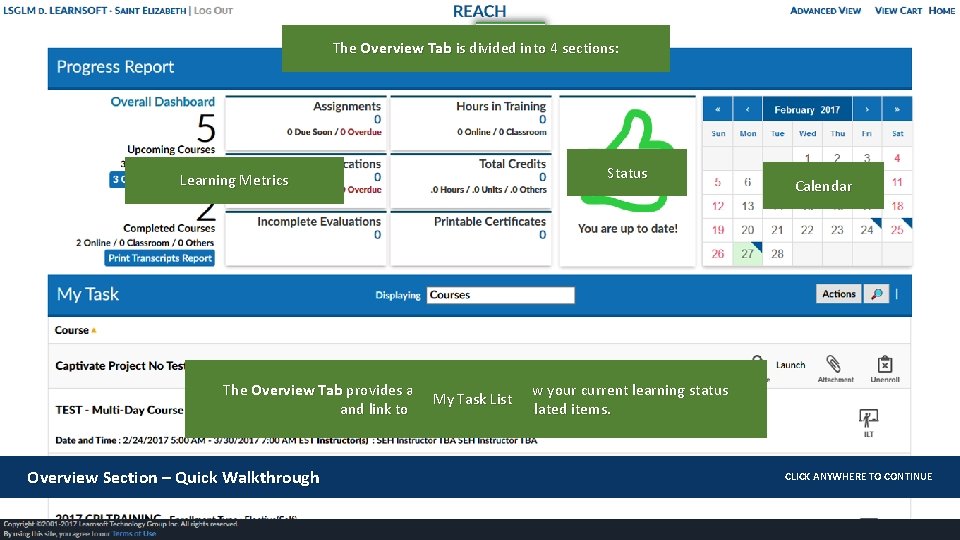 The Overview Tab is divided into 4 sections: Learning Metrics Status Calendar The Overview