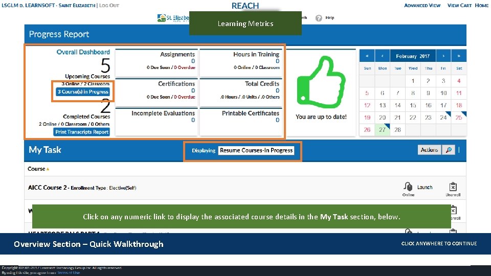 Learning Metrics Click on any numeric link to display the associated course details in