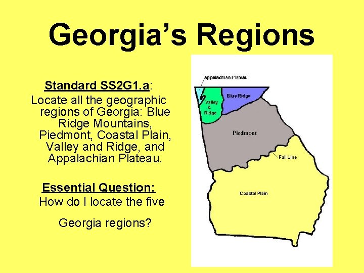 Georgia’s Regions Standard SS 2 G 1. a: Locate all the geographic regions of