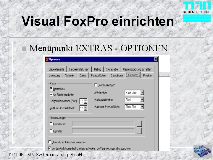 Visual Fox. Pro einrichten n Menüpunkt EXTRAS - OPTIONEN © 1999 TMN-Systemberatung Gmb. H