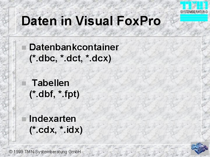 Daten in Visual Fox. Pro n Datenbankcontainer (*. dbc, *. dct, *. dcx) n