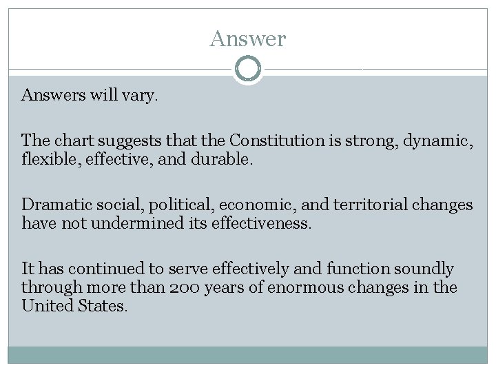 Answers will vary. The chart suggests that the Constitution is strong, dynamic, flexible, effective,