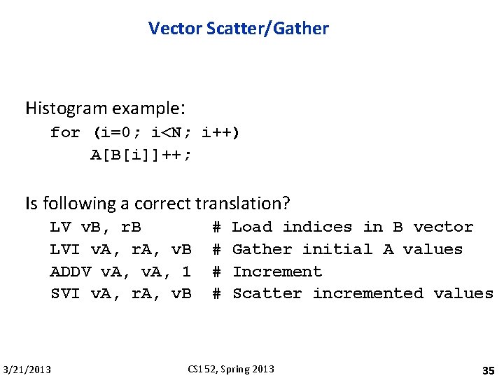 Vector Scatter/Gather Histogram example: for (i=0; i<N; i++) A[B[i]]++; Is following a correct translation?