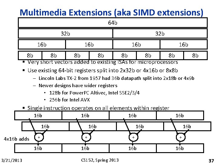 Multimedia Extensions (aka SIMD extensions) 64 b 32 b 16 b 16 b 8