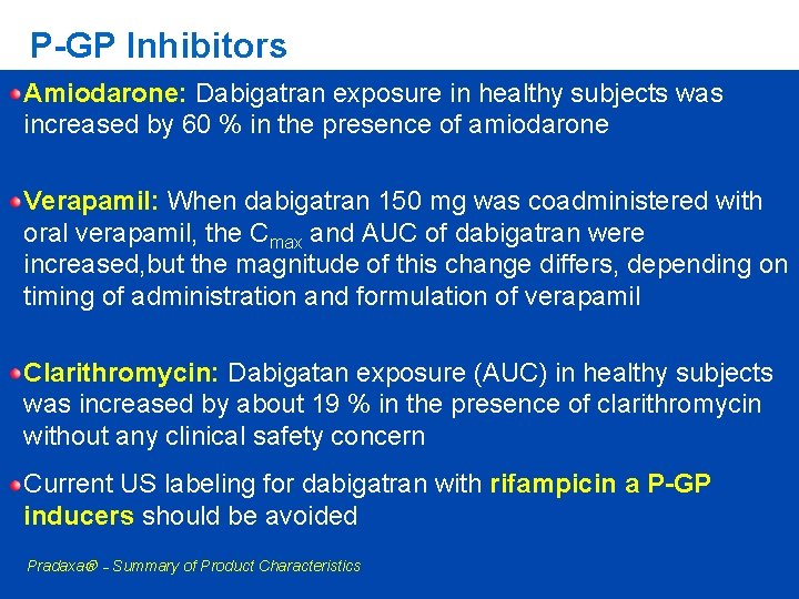 P-GP Inhibitors Amiodarone: Dabigatran exposure in healthy subjects was increased by 60 % in