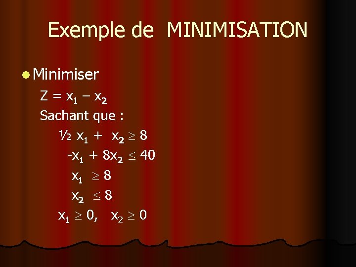 Exemple de MINIMISATION l Minimiser Z = x 1 – x 2 Sachant que Exemple de MINIMISATION l Minimiser Z = x 1 – x 2 Sachant que