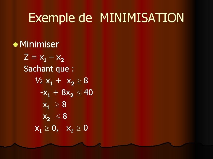 Exemple de MINIMISATION l Minimiser Z = x 1 – x 2 Sachant que