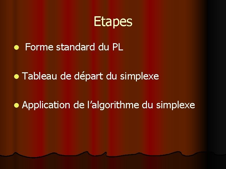 Etapes l Forme standard du PL l Tableau de départ du simplexe l Application